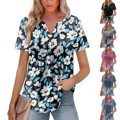 Women's Fashion Casual Pleated V Neck Short Sleeve T-Shirt Tops