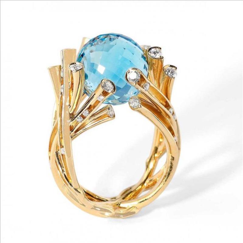 Accessories Blue Crystal Ball Gold Branch Ring Fashion Ring Gold Plated