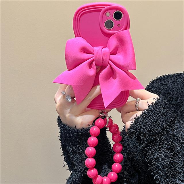 Ins Korea Cute 3d Pink Bowknot Wristband Bracelet Phone Case For Iphone 13 12 11 Pro Max Xr X Xs Plain Shockproof Soft Cover