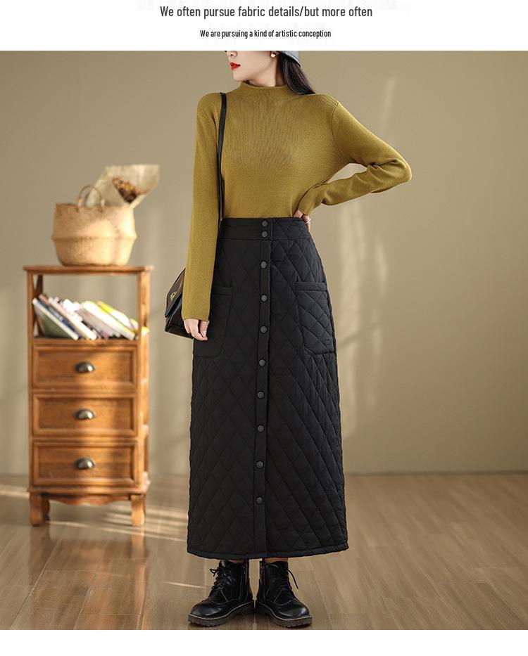 Fustă A-line pentru femei cu talie înaltă, extra lungă, rezistentă la vânt, din bumbac cu puf - Îngroșată, cu nasturi, stil de iarnă plus size