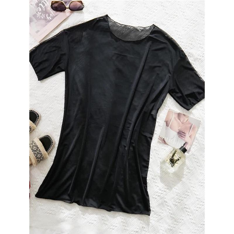 Solid Color Sexy Sheer Mesh Women's Swimsuit Cover-Up | Short Sleeve Beach Dress with High Elasticity, All-Season Stretchy
