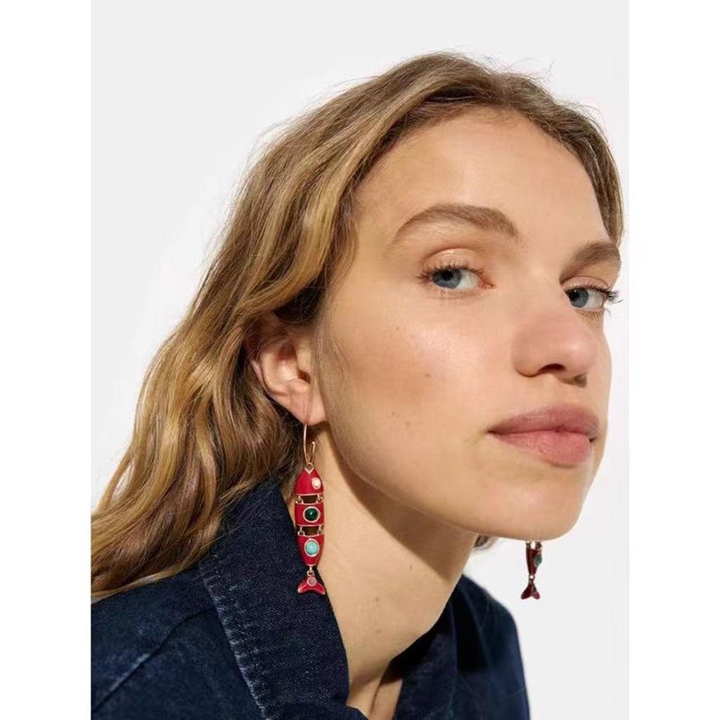 Spanish retro enamel fish pattern design pendant earrings new super fire temperament feminine earrings