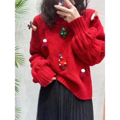 Weihnachten Rot Pullover Bestickt Rosa Pullover Einfarbig