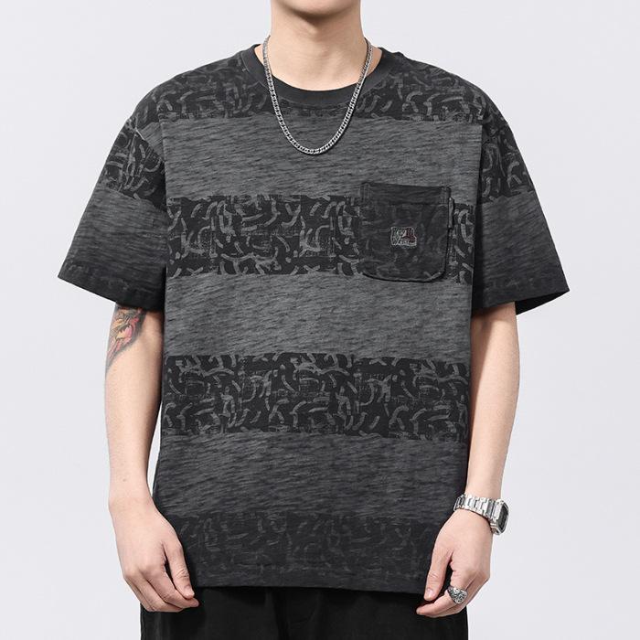 

230g Texture Pure Cotton Bamboo Knit Pocket Design Loose Men s Round Neck T-shirt Short Sleeves 4XL