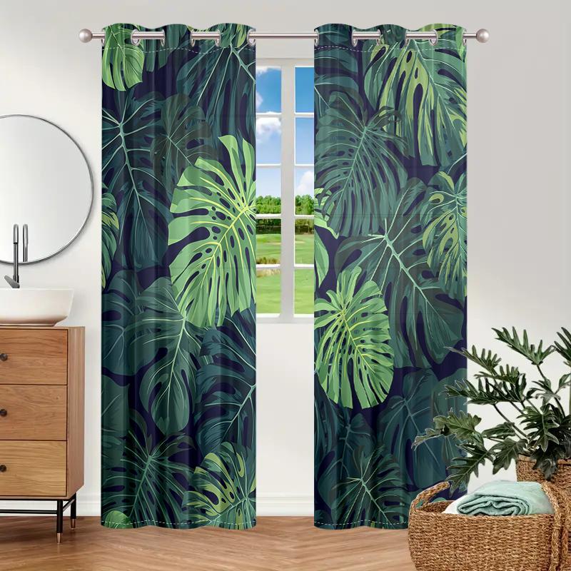 2 Pieces, Tropical Palm Leaf Green Curtains - Semi Transparent - Suitable For Living Room, Bedroom, Office Home Decoration.