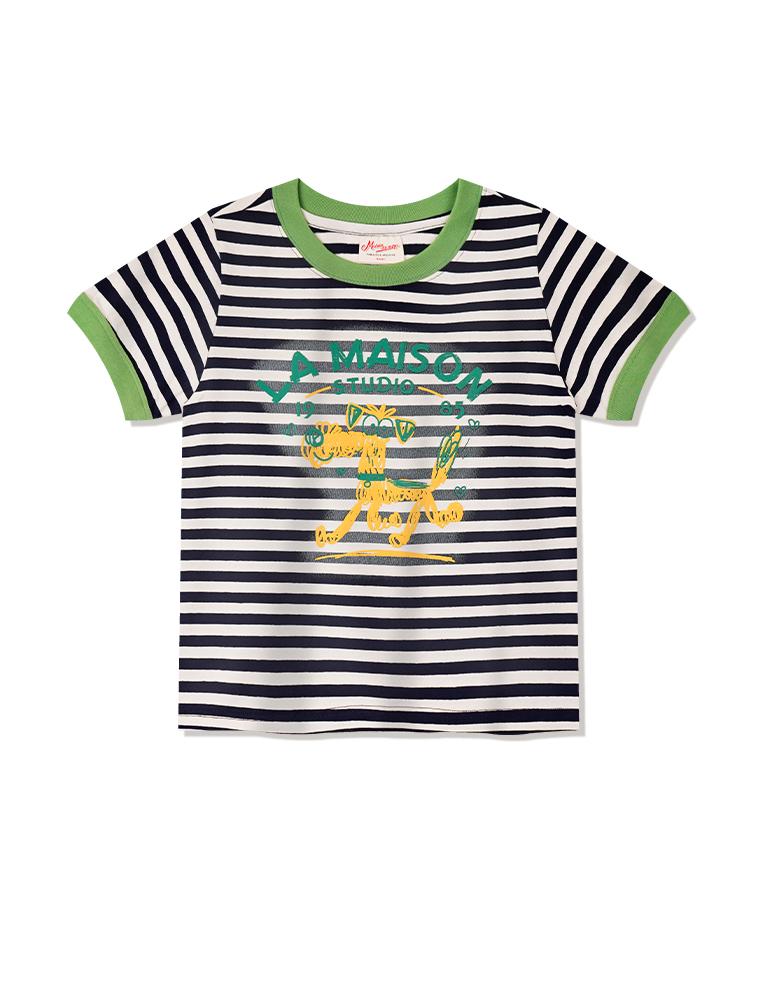LA MAISON STUDIO Maison Dog Stripe Ringer Short Sleeve Navy(Fcg2Ts762W)