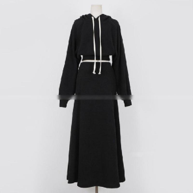Autumn and Winter Style Loose Long-sleeved Hooded Sweatshirt High-waisted Long Skirt Two-piece Set