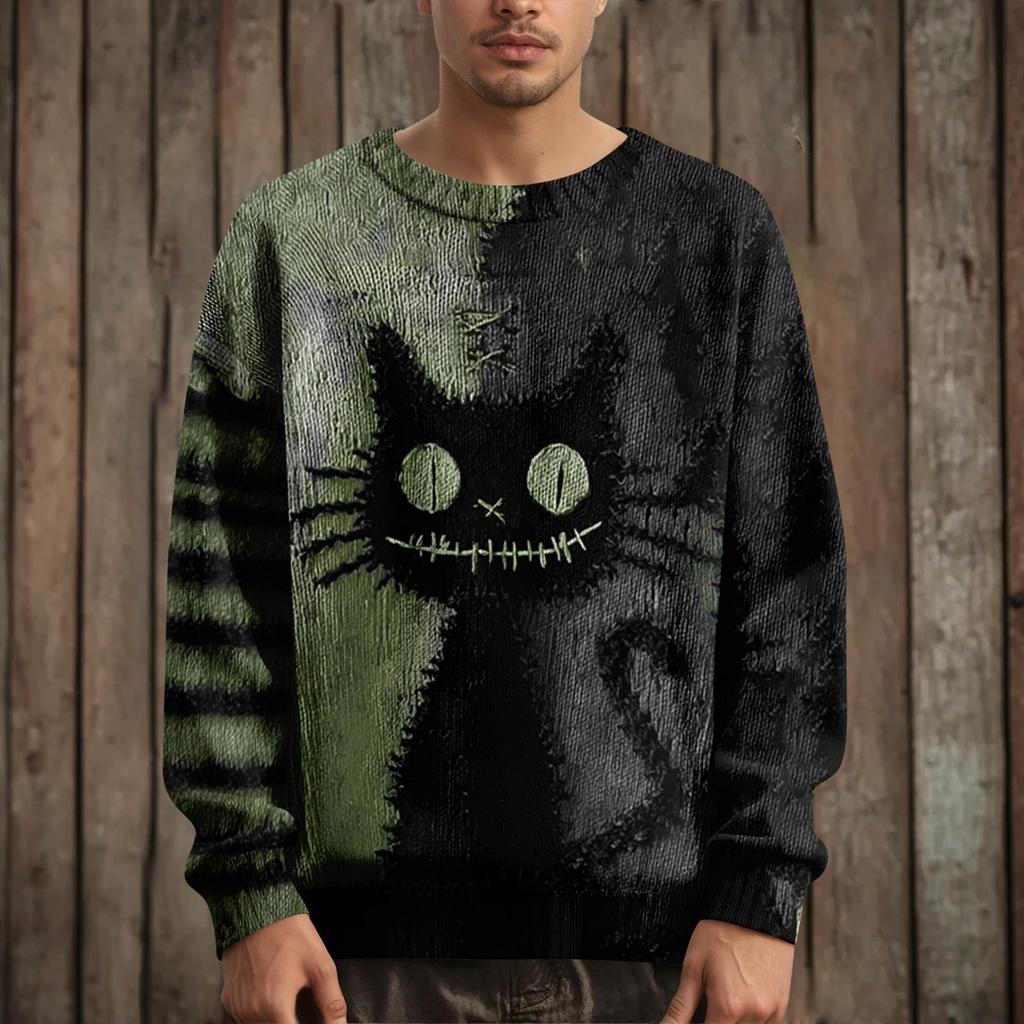 Men's Long Sleeve Pullover Sweater Casual Halloween Print Knit Oversized Sweater