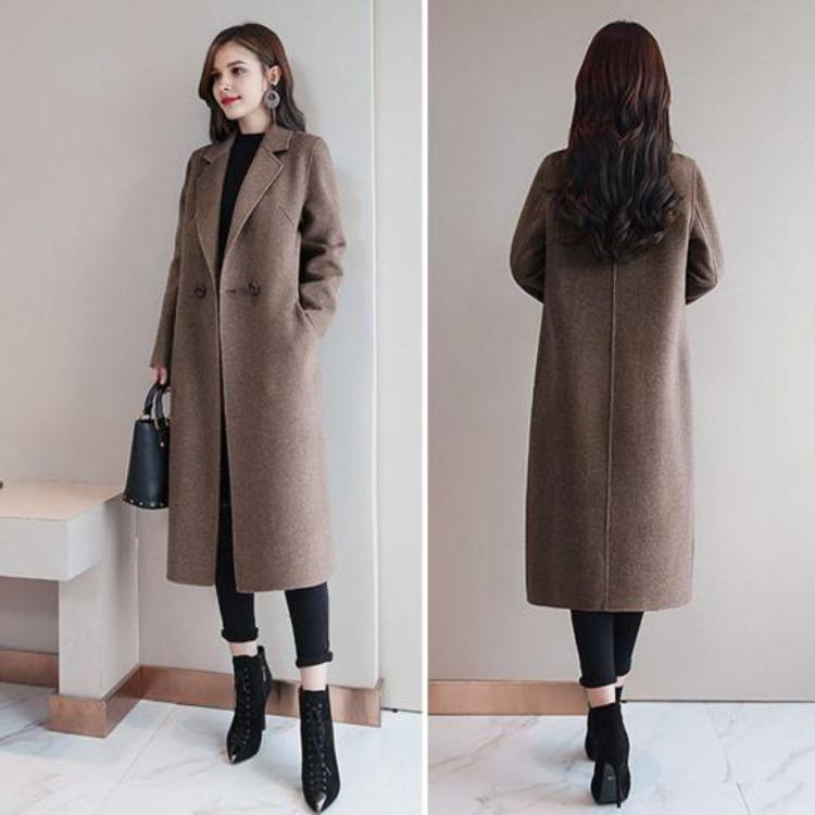 Thermal Winter Coat Women Double Breasted Overcoat Turn Down Collar Long Sleeved Loose Fit Jacket Solid Color Pockets Commuting Dating Spring Fall