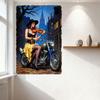 Vintage Woman Playing Violin on Blue Silver Motorcycle with Sidecar Tin Sign - Old City Street Twilight Sky Cathedral Home Wall