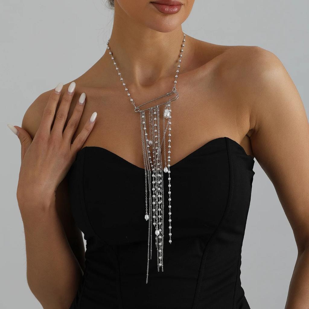 Multi-Layer Pearl Tassel Brooch Necklace for Women Luxury Delicate Pin Pendant Necklace Sexy Versatile Clothing Accessories Gift