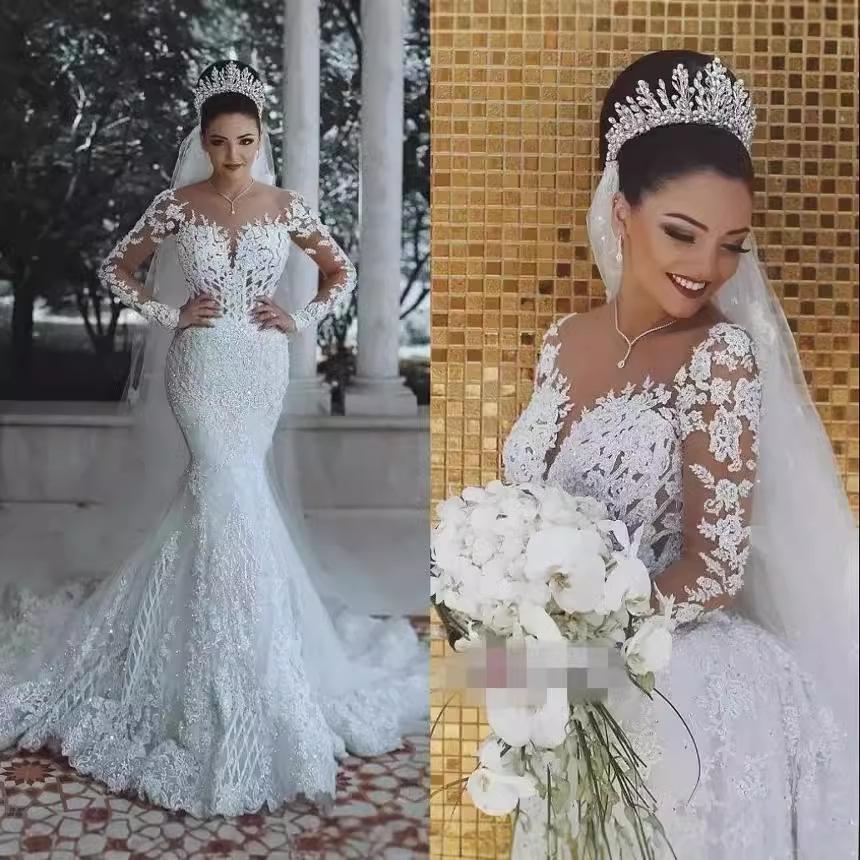 European and American wedding dresses spring and autumn new sexy deep V-neck fishtail lace wedding dress