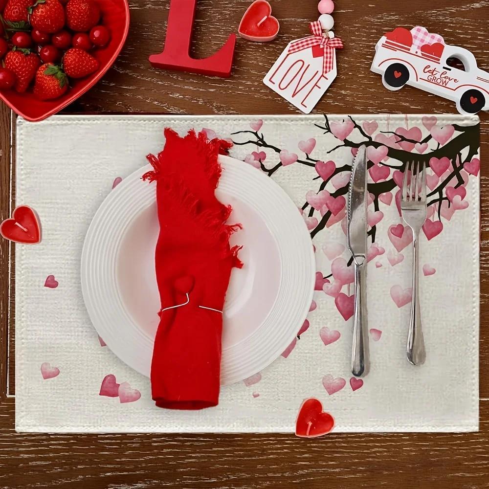 4PC Valentine's Day Placemats Set of 4 Love Heart Shaped Branch Linen Table Mats Decorations Wedding Anniversary Banquet Kitch