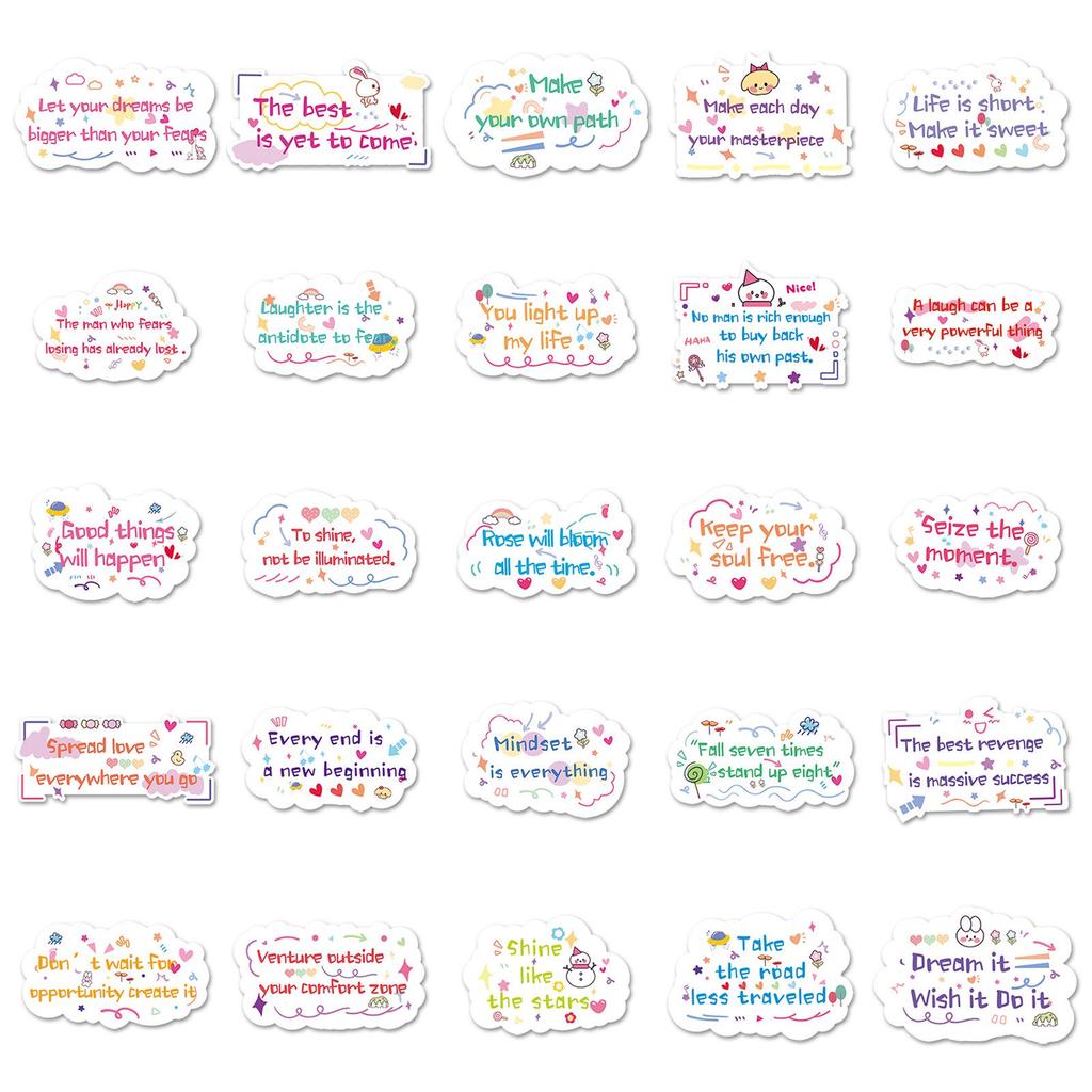 Set of 50 Inspirational English Stickers with Fresh Slogans for Journals, Motorcycles, and Tea Cups