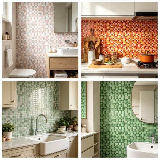 2Pcs 3D Mosaic Tile Sticker, 11.8 x 11.8 Inch Removable Wallpaper Tile, 3D Self Adhesive Wall Tiles, Bathroom Wall Tiles for Kitchen Backsplash, PVC
