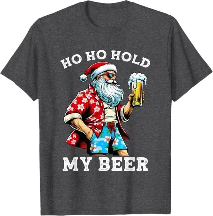 Summer Men's Funny Santa Claus WearingSunglasses Beer Printed Round Neck T-shirt Soft and Breathable Holiday Short Sleeved Shirt