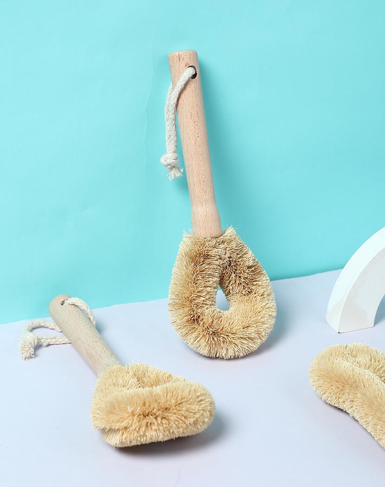 KOMEKI Natural Brown Wooden Handle Hair Pot Brush - Zakka Style Kitchenware for Cleaning Plates, Bowls, and Cups.