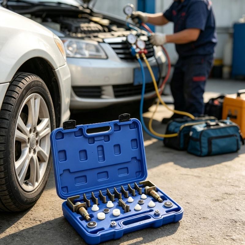 Car Air-Conditioning System Service Kit with Threaded Metal Components for Leak Checking, Line Sealing, and Vehicle Maintenance Work