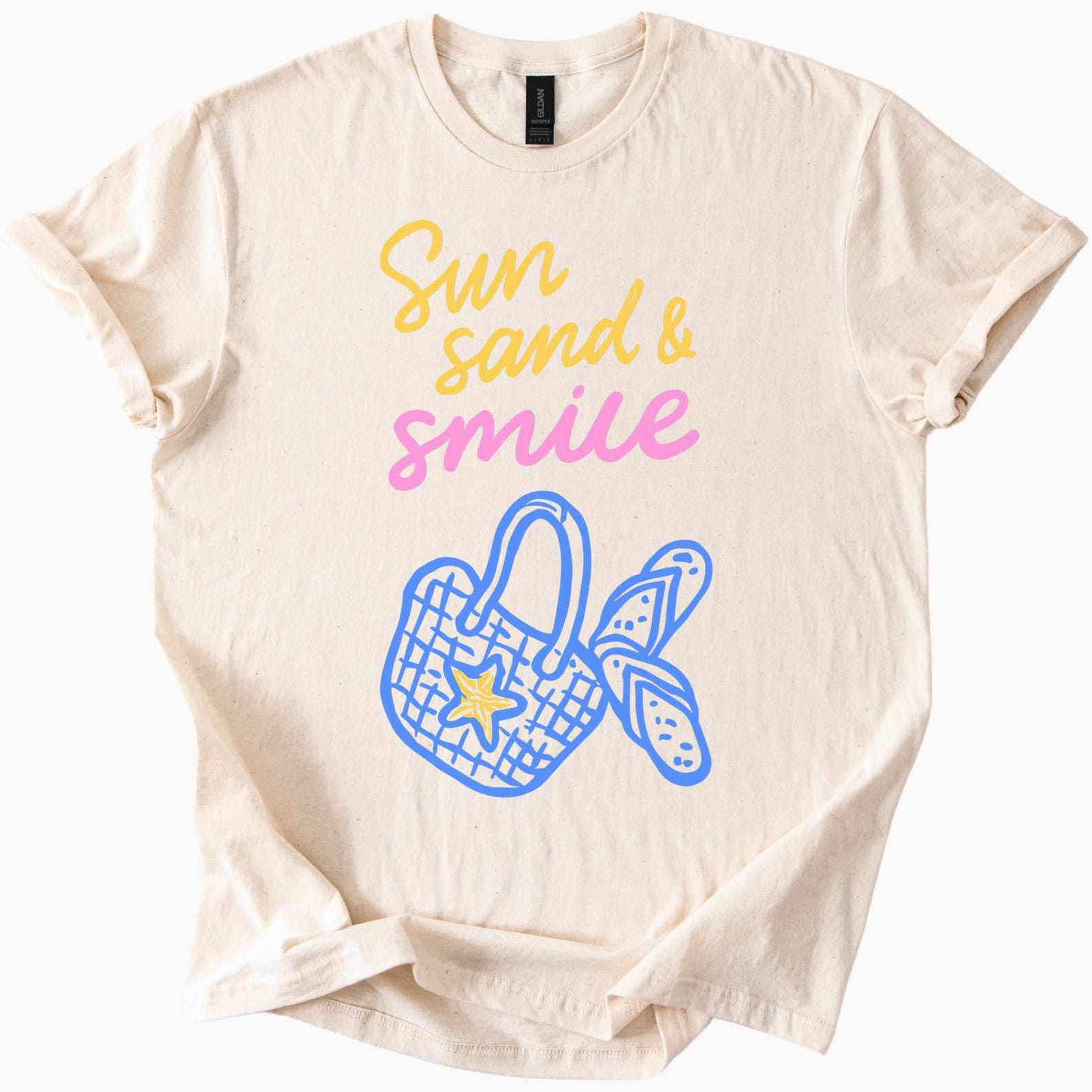 Sun Sand Smile Graphic T Shirt Beach Bag Flip Flops Summer Tee Ocean Coastal Shirt Sand Lover Gift Happy Beach Day Apparel Trendy Shirt 120