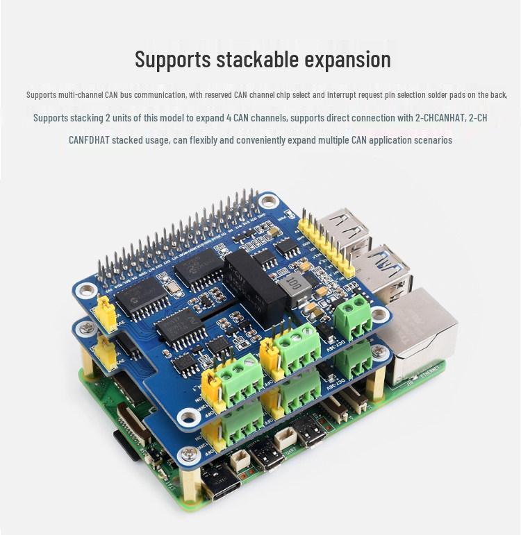 Raspberry Pi 5 Stackable 2-Channel CAN Bus Expansion Board with Isolated Wide Voltage, HAT+ Compatible