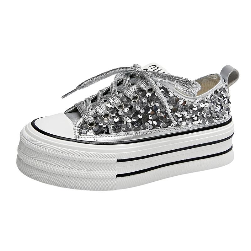 Women's Canvas Shoes  Spring and Autumn New Sequin Thick Sole Height Increasing Vulcanized Casual Running Women's Shoes