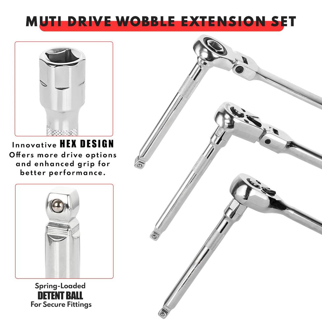 9Pcs Wobble Socket Extensions Set, Ratchet Extensions 1/4" 3/8" 1/2", Wobble Extensions, Drive Socket Extension Length Bar Set