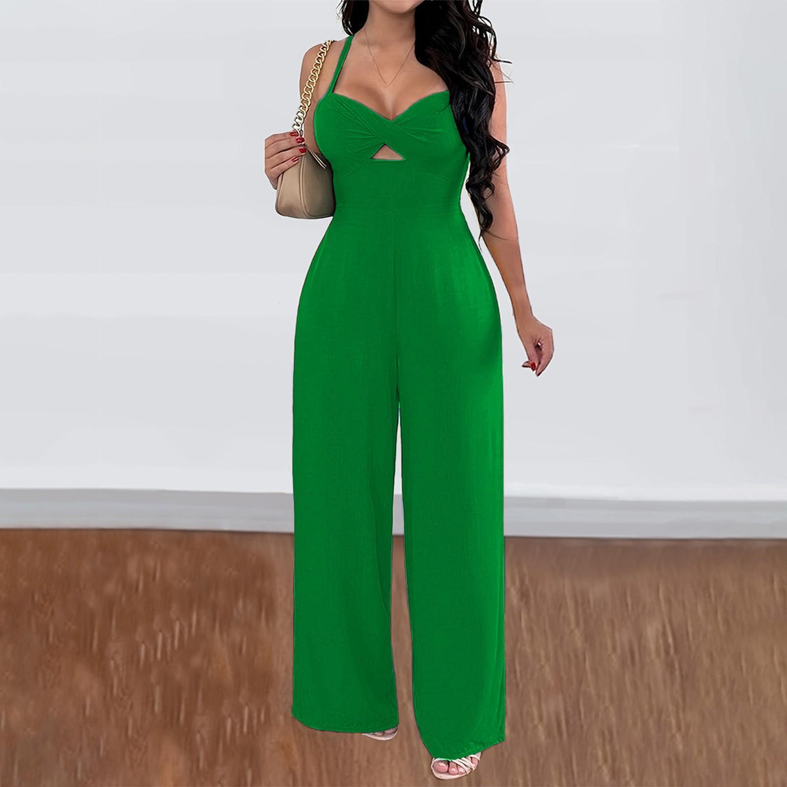 

Женский летний комбинезон, элегантный сексуальный боди без рукавов, повседневные широкие брюки XS зелёный