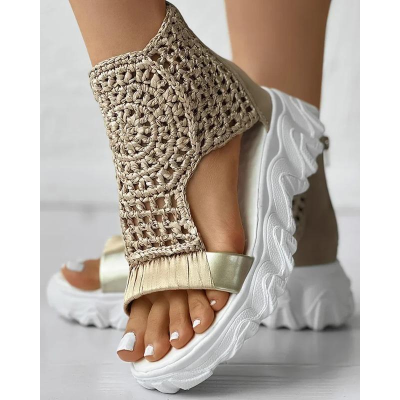 Fashion 2025 Hot Seller New Gold Knitted Sandals for Women Braided Elastic Summer Shoes Mesh Flat Bottom Hollow Out Female Sandals