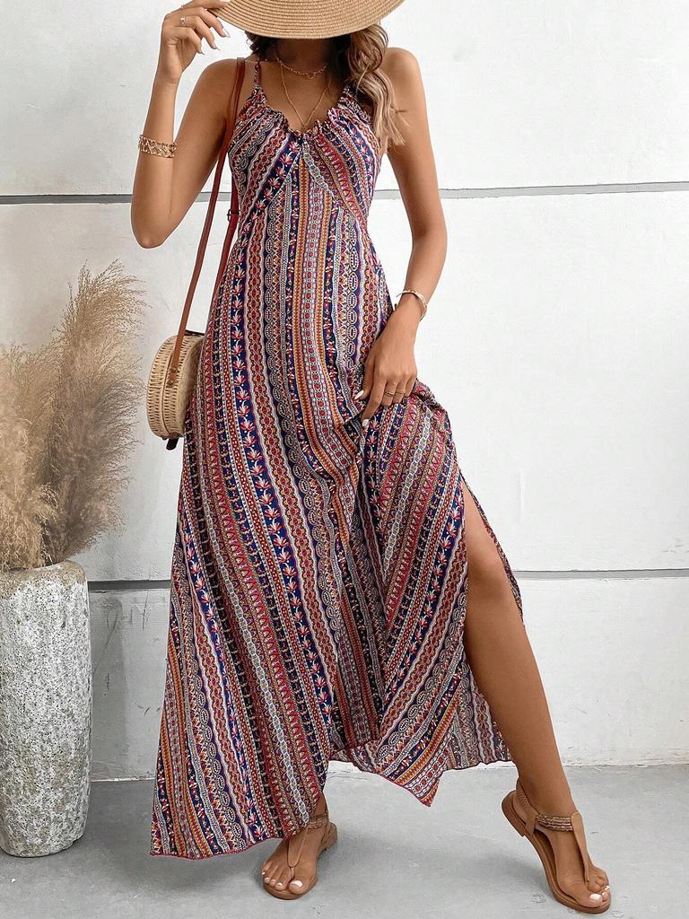 2026 Spring/Summer Women's Fashion Spaghetti Strap Printed Beach Slit Dress