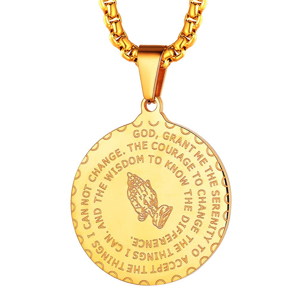 

U7 Stainless Steel The Serenity Prayer Prayering Hands Round Pendant Necklaces 22inches Rounded Box Chain Christian Jewelry Gift 60CM