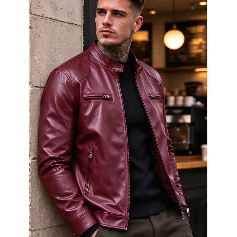 New men's stand-up collar PU leather jacket slim locomotive jacket autumn business casual ruffian handsome jacket