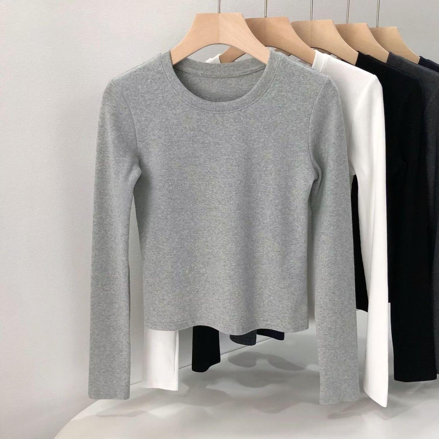 

Spicy Girl Autumn/Winter Slimming Long Sleeve Women s T-shirt: Round Neck, Drop Shoulder, Cropped, Waist-Cinched. XL (Weight 115-125)