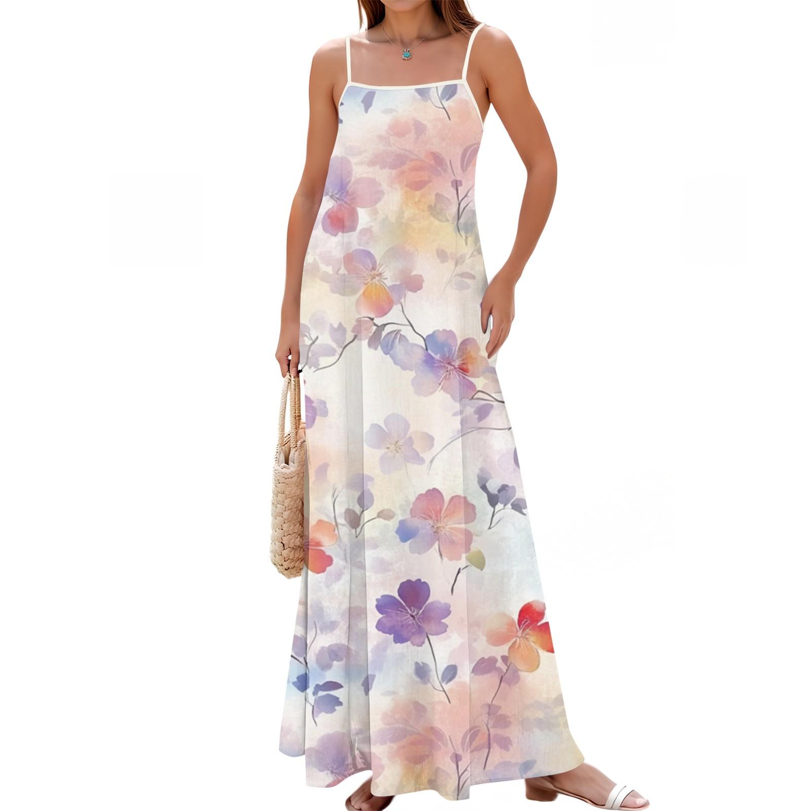 

Women s Spring And Summer Casual Fashion Adjustable Suspenders Printed Long Dress S