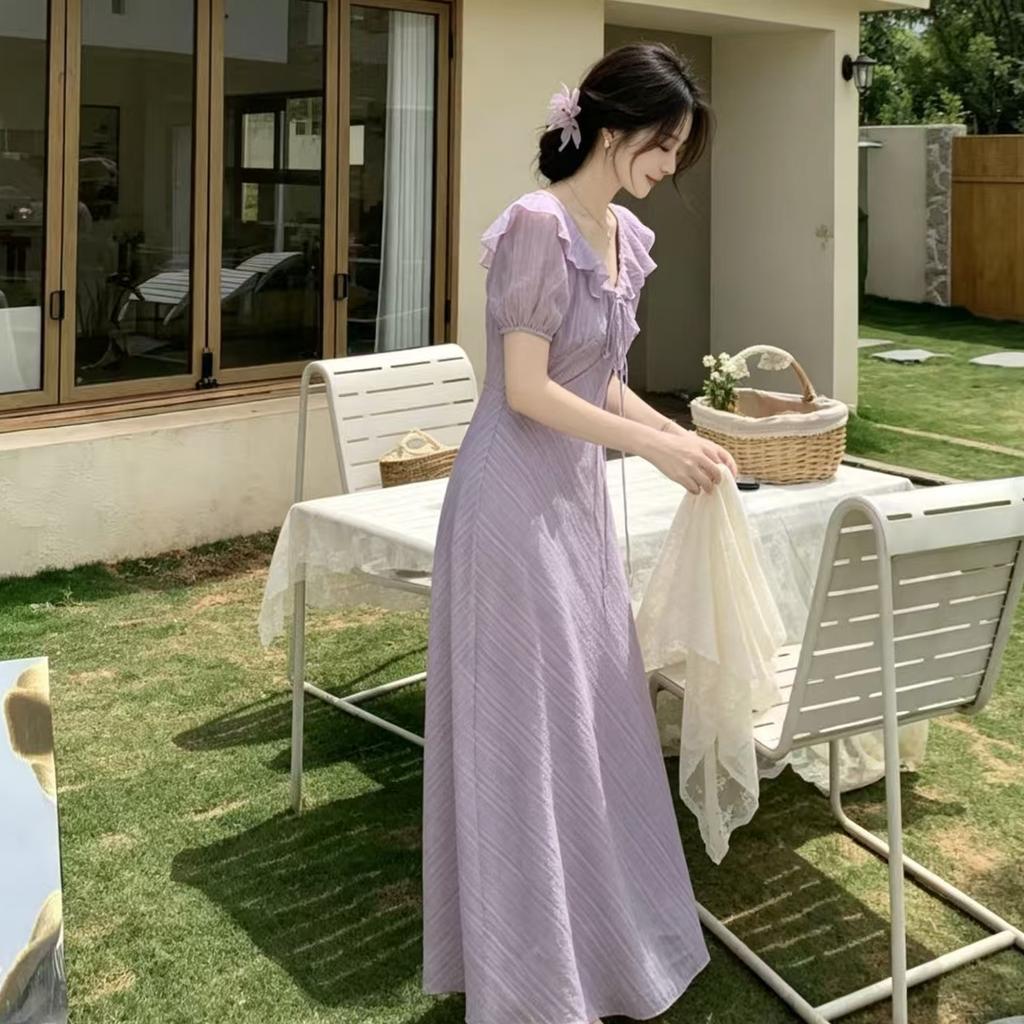 French Skinny Purple Seaside Dress 2026 Summer New Slim Bubble Sleeve Lotus Leaf Edge Collar Long Dress Women
