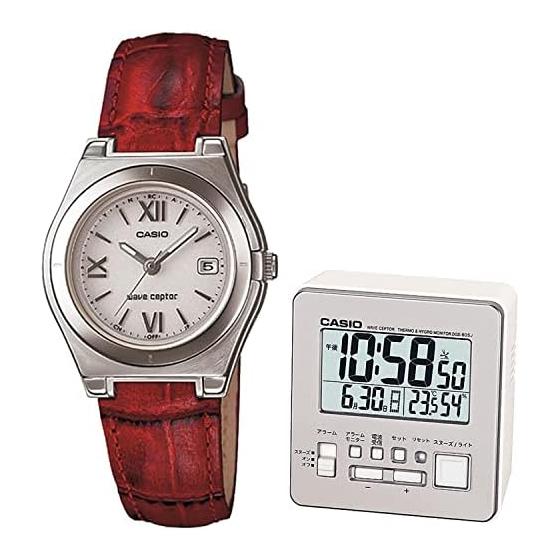 Women s Watch Radio Solar Wave Cepter Women s Leather Band Red & Radio Alarm Clock 2 Piece Set (LWQ-10LJ-4A2JF & DQD-805J-8JF) Domestic Genuine