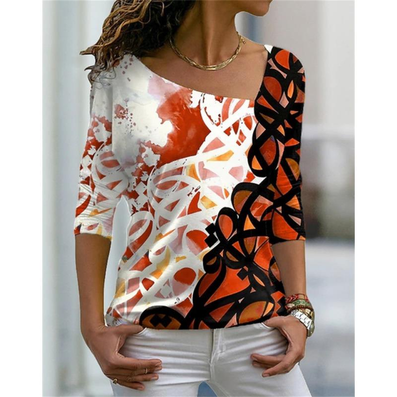 Women's T Shirt Characteristic Diagonal Neck Irregular Flower Digital 3D Print Ladies Wear Fashion Street Harajuku Ladies Tee