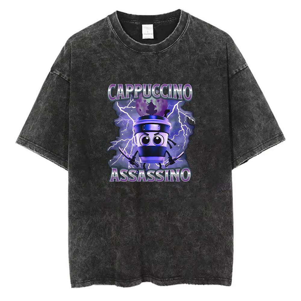 Italian Brainrot TShirt Washed Cotton Funny Meme Graphic Tee Surreal Weird Art Retro Acid Wash Short Sleeve Harajuku Streetwear