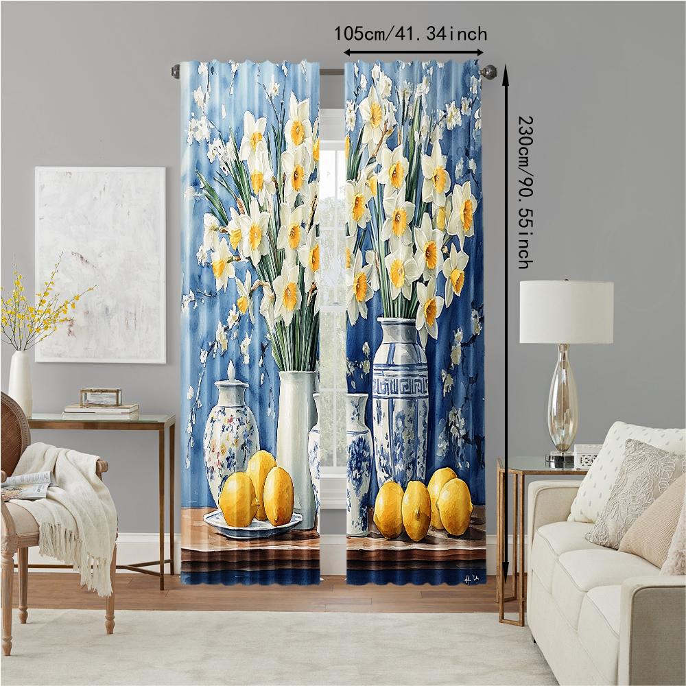 2 Pcs   Versatile Polyester Transparent Curtains for Home Decoration Lemon Still Life with Elegant Vases for Use In Bedrooms and