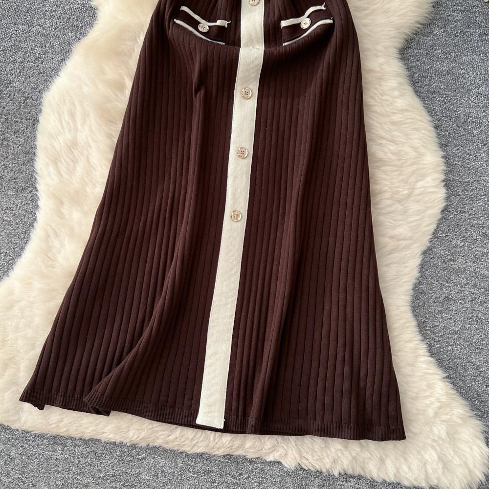 Elegant Slimming Spliced Single-breasted Knit Dresses for Women Lapel Short Sleeves Patchwork Sweater Dress Female
