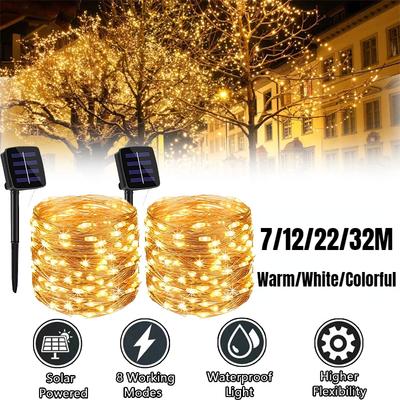 Luci Solari a LED 7/12/22/32M da Esterno Festone Impermeabile Ghirlanda Catena Luminosa Per Cortile Sentiero Albero di Natale Decorazione per Feste