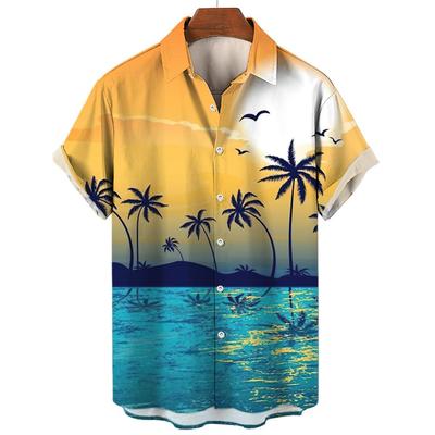 Camisa Havaiana Masculina Estampada 3D Padrão Palmeira de Coco Moda Botão Manga Curta Gola Street Wear Camisa Havaiana Masculina Verão