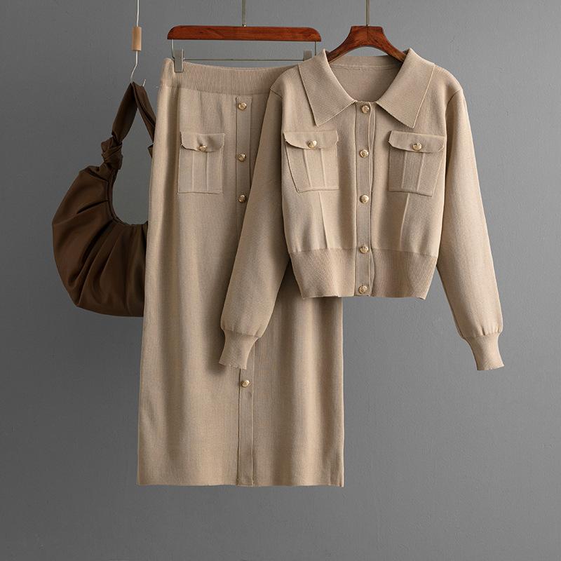 

Модный комплект с воротником поло Женский осенне-зимний свитер кардиган топ вязаная юбка комплект из двух предметов OneSize хаки