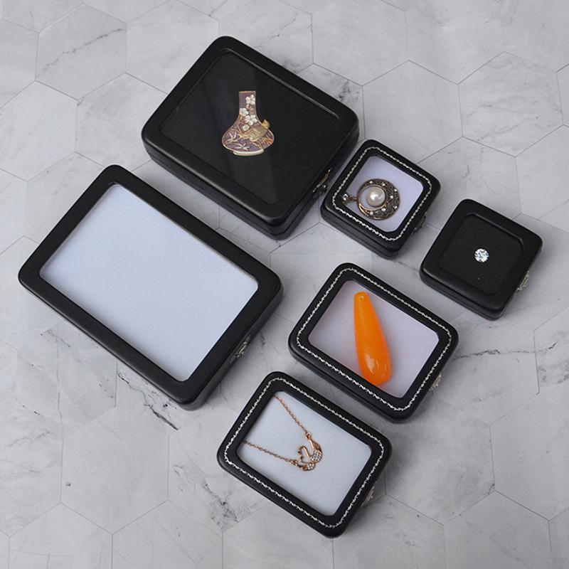 Black Pu Leatherette Bare Stone Box With Buckle Gem Rhinestone Jewelry Storage Naked Container Transparent Window Display
