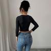 European and American tops, black big chicken heart collar, chest hollow, sexy solid color long-sleeved women's T-shirt