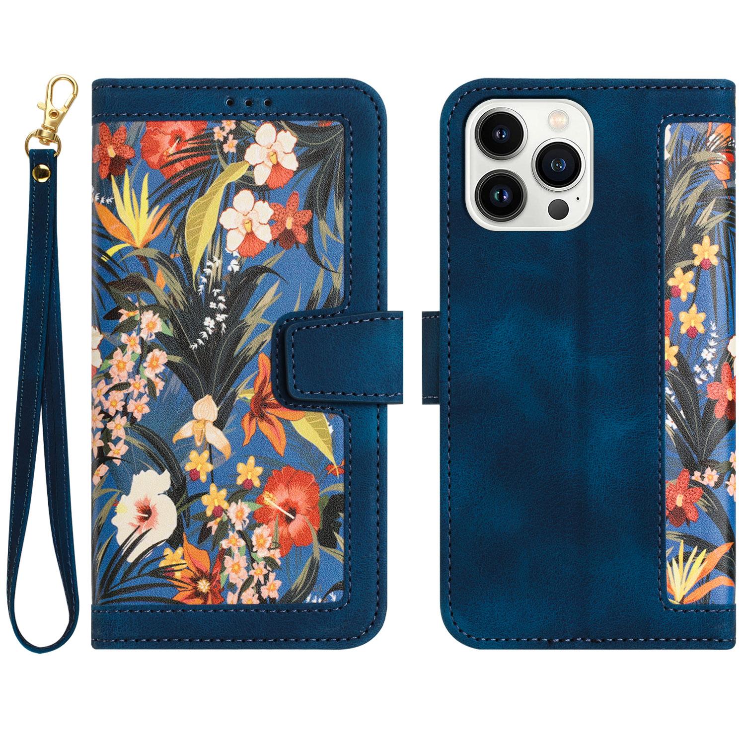 

For iPhone 16 Pro Max Case Card Holder Pattern Printed PU Leather Phone Cover Dark Blue