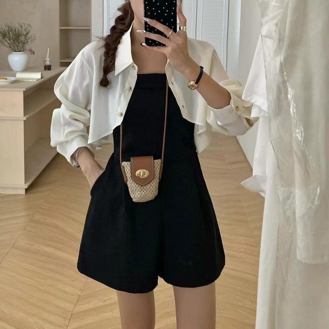 French high-end fashion suspender one-piece shorts shirt two-piece set women s spring and summer overalls + cardigan casual suit S