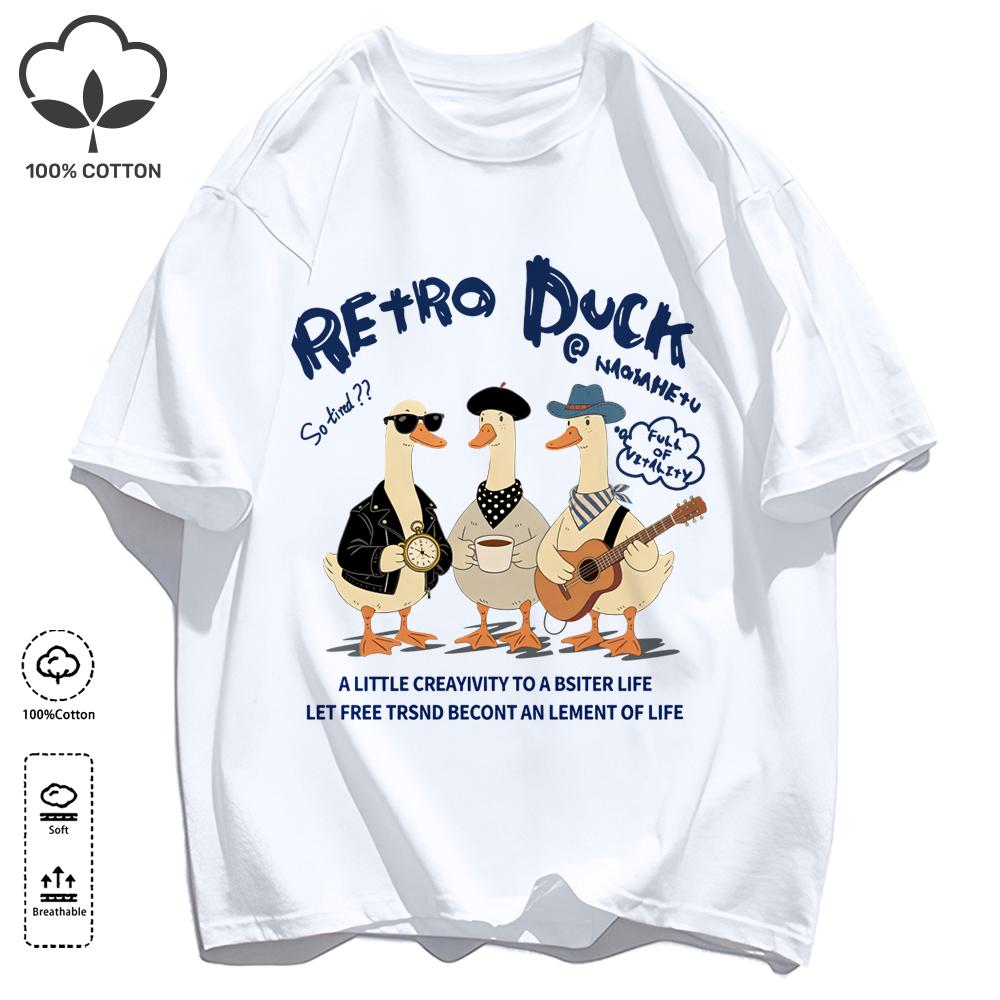 Retro Duck With Free Time T Shirt Unisex Fashion All-Match Basics Streetwear O-Neck Cotton Clothing Unisex Summer Loose Tee
