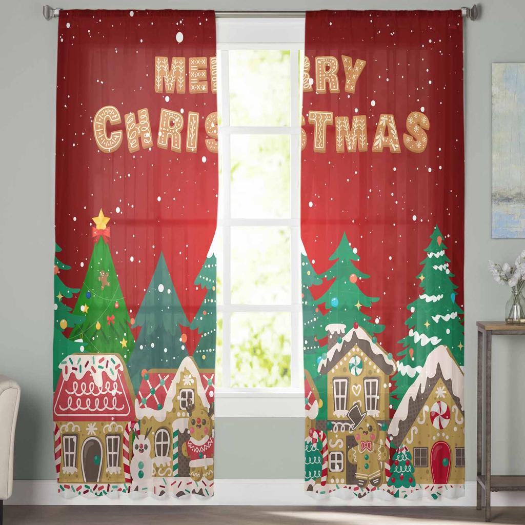 Julgodis Vinter Pepparkaka Gardiner För Vardagsrum Sovrum Heminredning Fönster Voile Tyllgardin Draperier