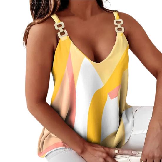 Women Shirt Graphic Print Chain Sling Summer Off Shoulder V Neck Office Commute Blouse for Daily Wear