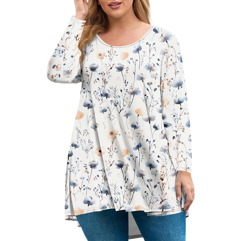 Women's plus size top, garden collar long sleeved shirt, fashionable floral print casual top